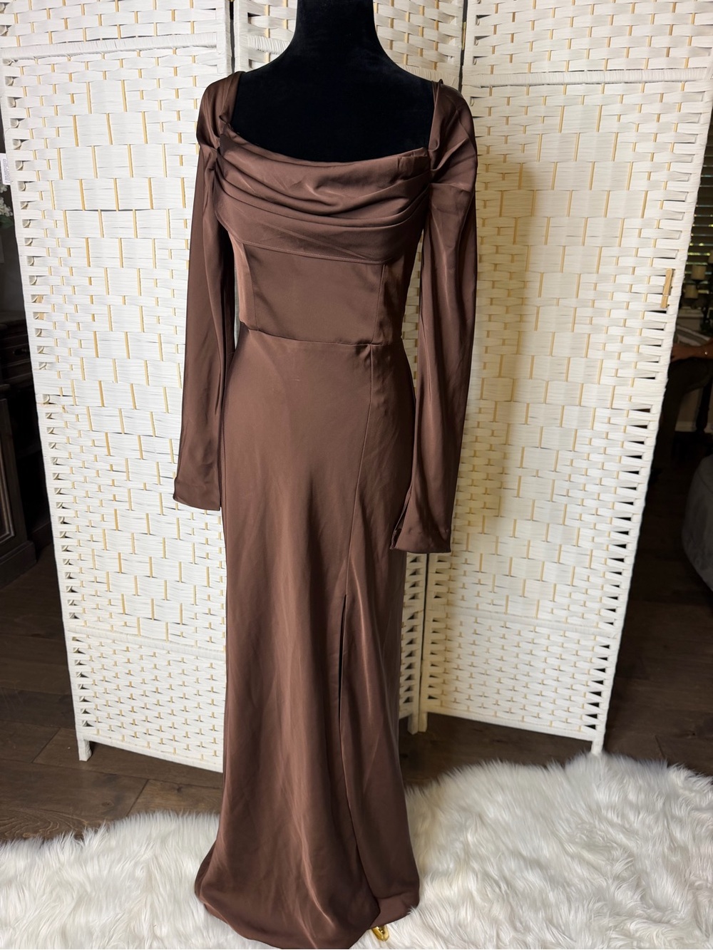 Birdy Grey Brown Long-Sleeve Satin Gown